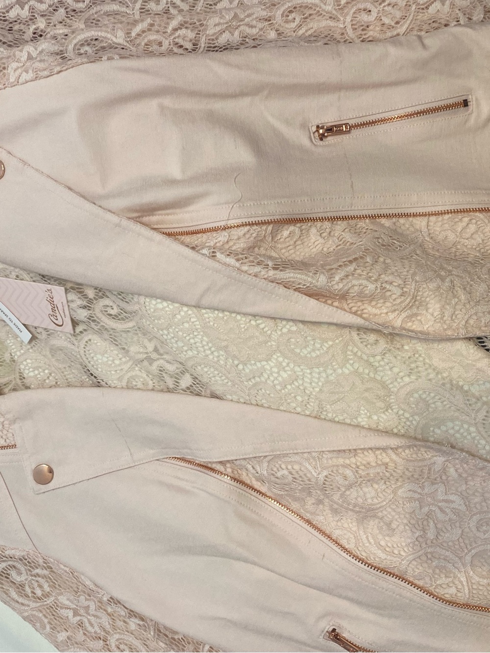 Candie's Pink Lace Moto Jacket Women's XL NWT Asymmetrical Rose Gold Zip - Picture 10 of 13